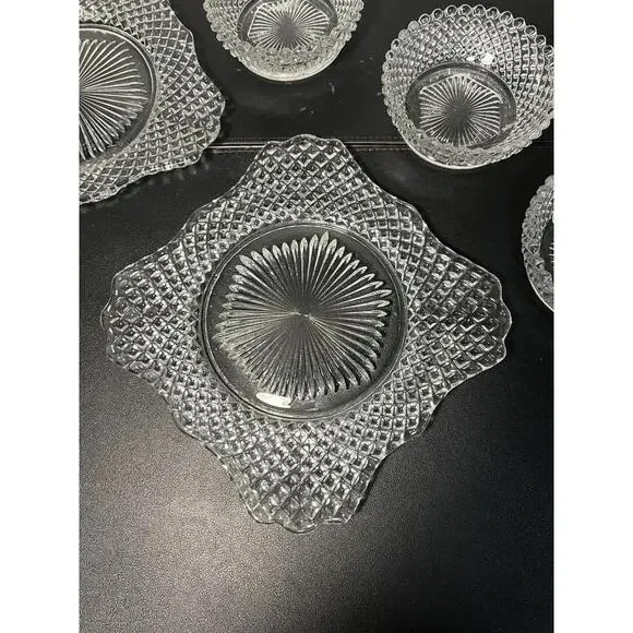 Westmoreland 1940s Pressed Clear Glass Snack Set Diamond & Fan, 2 Plates 3 Bowls - Picture 4 of 16